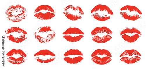 Red Lipstick Kiss Print Set Vector Illustration, Collection of Romantic Lip Marks and Lipstick Kiss Stamps, Beauty and Love Symbol Design Elements Isolated on White Background