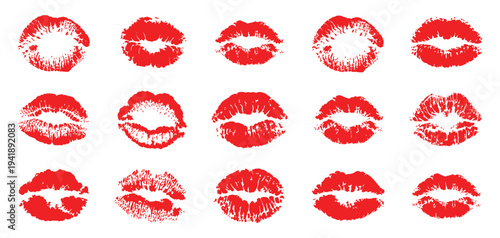 Red Lipstick Kiss Print Set Vector Illustration, Collection of Romantic Lip Marks and Lipstick Kiss Stamps, Beauty and Love Symbol Design Elements Isolated on White Background