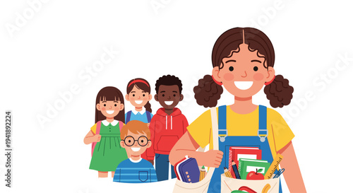 A diverse group of five smiling children, led by a girl carrying a bag filled with school supplies, stands cheerfully in a line.