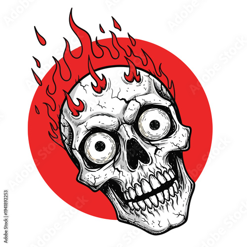 Creepy illustrated skull with wide, staring eyes, cracked texture, engulfed in flames against a red circle