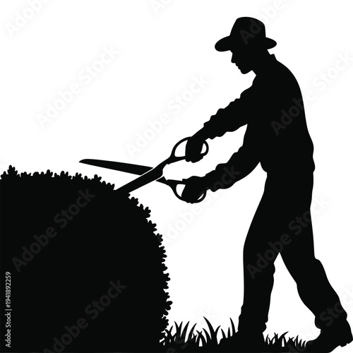 Gardener trimming a bush with large scissors silhouette vector illustration on transparent background