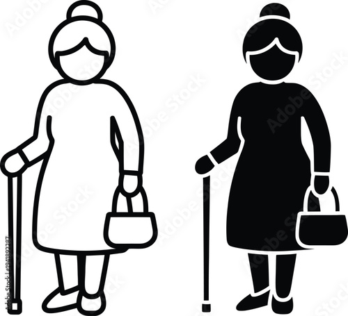 Two elderly women with walking sticks and handbags depicted in simple illustration.