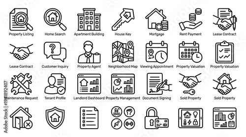 Set of  real estate icons vector, line style