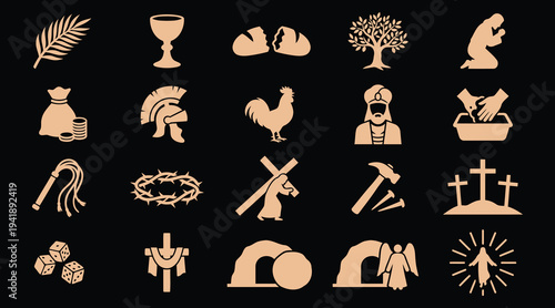 Biblical symbols and icons in beige on black background for Easter or Christian designs and presentations