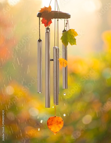 Wind chime with autumn leaves, rain falls against soft, autumnal bokeh