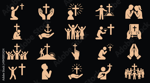 Christianity religious symbols and people icons in beige on dark background