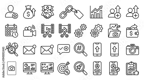 Set of  business and finance outline icons vector including money, calculator, charts, calendar, email, shield, settings, camera and web interface symbols