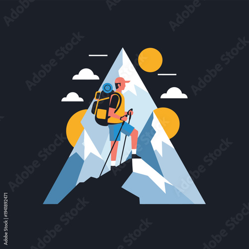 Minimalist illustration of a mountaineer ascending a snow-capped peak under a bright sun and clouds