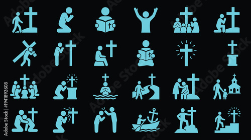 Collection of blue christianity symbols and people icons on black background