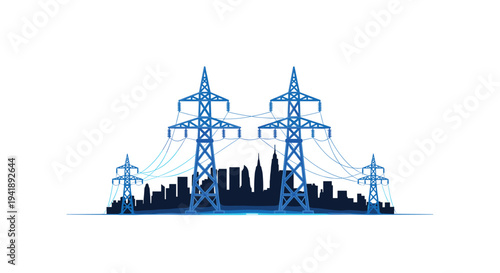 Four blue electrical transmission towers with intricate lattice structures and connected power lines stand prominently before a dark city skyline silhouette.