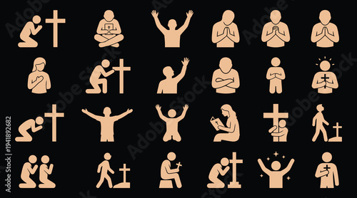 Collection of various Christian prayer and worship icons in beige color on dark background
