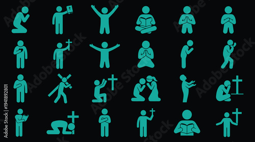 Collection of various cyan stick figures depicting different religious and spiritual poses and actions on black background  christianity symbols