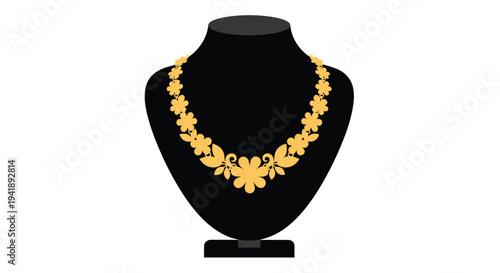 A striking gold necklace, adorned with a continuous pattern of stylized flowers, is elegantly showcased on a black jewelry mannequin.