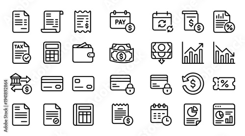 Set of finance and banking line icons vector, including invoice, payment, calculator, money, credit card, savings, charts and report symbols
