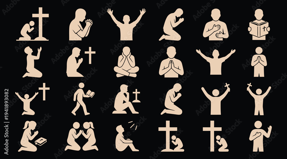 Obraz premium Various silhouettes of people praying and worshipping with crosses and bibles in different poses and gestures christianity faith symbols