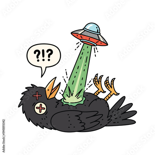 Humorous illustration of a crow being abducted by a ufo, bizarre abduction scene with question marks