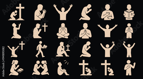 Various silhouettes of people praying and worshipping with crosses and bibles in different poses and gestures  christianity faith symbols