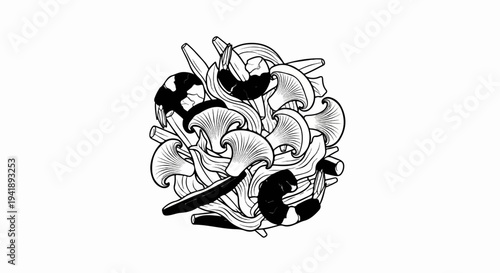 A circular arrangement of line-art mushrooms and black speckled elements on white