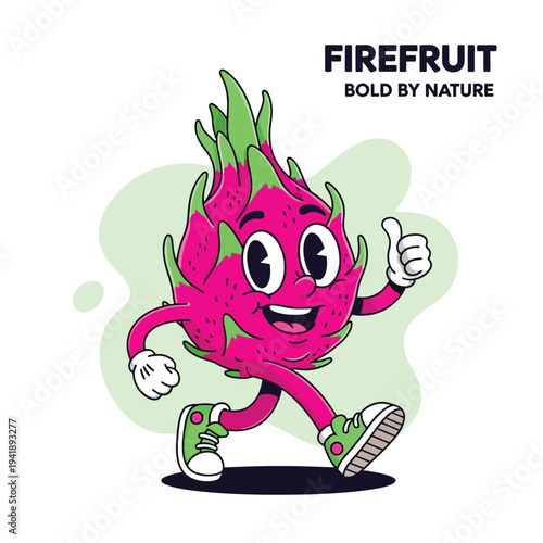 Funny cartoon dragon fruit character with face, arms, legs, and sneakers, thumbs up