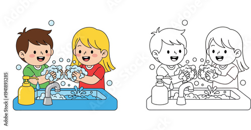 Happy Kids Washing Hands: Boy and Girl Practicing Good Hygiene