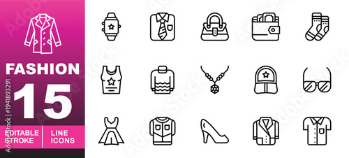 Essential Fashion & Style Line Icons. Editable stroke vector icons for clothing boutiques. Featuring smartwatches, wallets, necklaces, high heels, blazers, and sunglasses symbols for retail mobile app