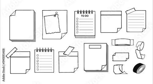 A collection of illustrated stationery items and office supplies