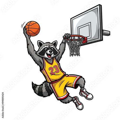 Playful cartoon raccoon basketball player dunking ball in yellow uniform