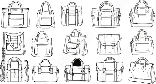 A collection of hand-drawn bag sketches in black and white