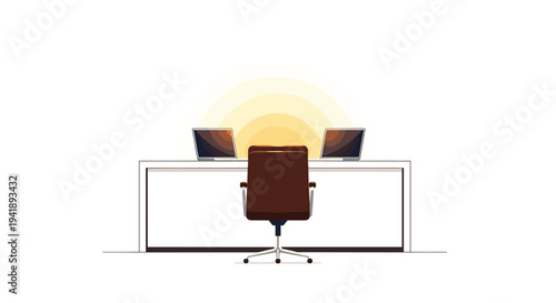 A brown office chair is positioned in front of a white desk with two open laptops, illuminated by a bright circular yellow light.