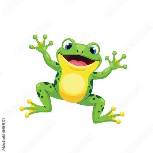 Happy green cartoon frog jumping with open mouth, playful amphibian character