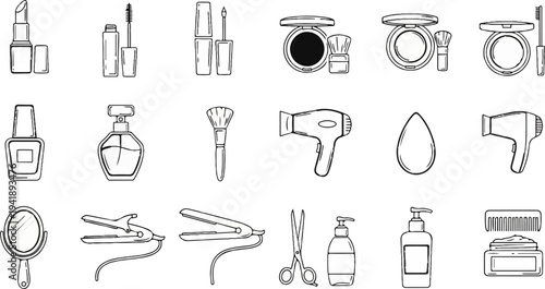 A collection of outline illustrations of beauty and hair care tools and products