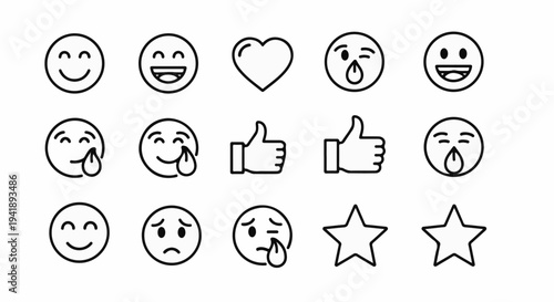 A collection of outline icons depicting emojis, thumbs up, a heart, and stars