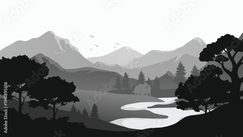 Monochrome Mountain Landscape Illustration with River Forest and Pine Trees in Grayscale Vector