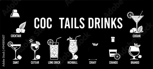 A collection of stylized cocktail illustrations and their names against black