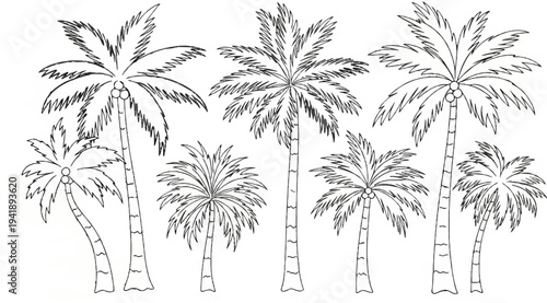 A collection of sketched palm trees of various heights and shapes on a white background