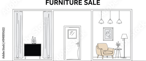 WebFurniture sale banner with minimalist line art, modern living room interior design, house decor promotion, architectural home layout, apartment clearance.