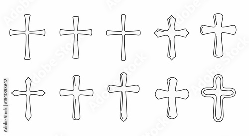 A collection of ten simple outline drawings of crosses with varied