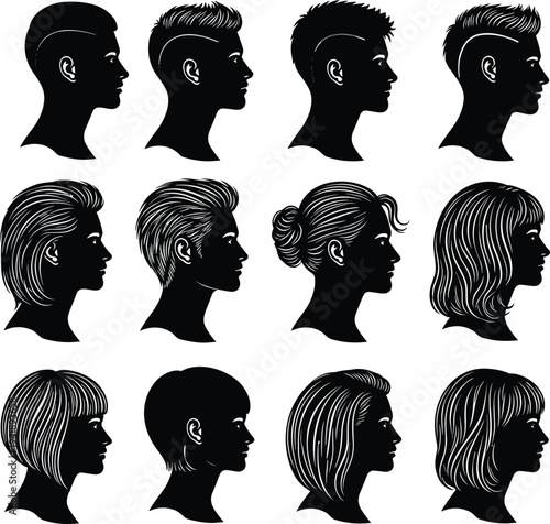 WebLarge collection of men and women hairstyles silhouettes, vector set of diverse haircuts, bob, fade, bun, and undercut profile icons