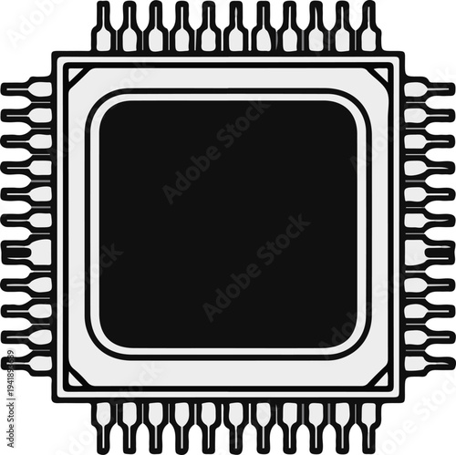 A black square microprocessor with 32 pins on a white background