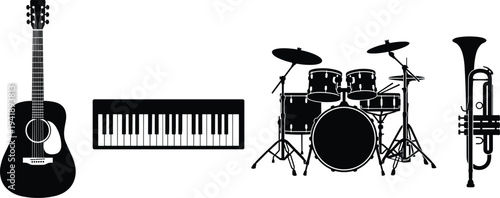 WebMusical Instrument Collection Silhouette Featuring Acoustic Guitar, Digital Piano, Full Drum Kit, and Trumpet for Jazz Band, Concert, and Education.