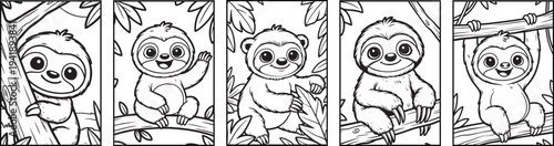 Cute sloth coloring pages, adorable jungle animal line art collection, smiling sloths sitting and hanging on tree branches, kids coloring book illustration, kawaii forest wildlife outline set.
