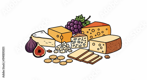 A colorful assortment of cheeses, grapes, figs, and crackers