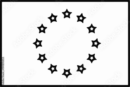 A circular arrangement of twelve black, hollow stars against a white background