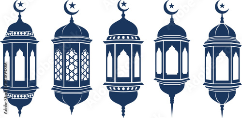 WebSet of blue Ramadan lantern silhouettes, vector illustration of traditional Arabic lamps with moon and star, isolated Islamic decorative icons