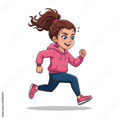 Cheerful cartoon girl running in pink hoodie, active young woman jogging and exercising illustration