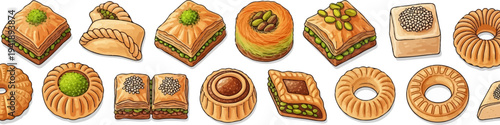 A colorful assortment of sweet pastries, featuring baklava and other baked treats