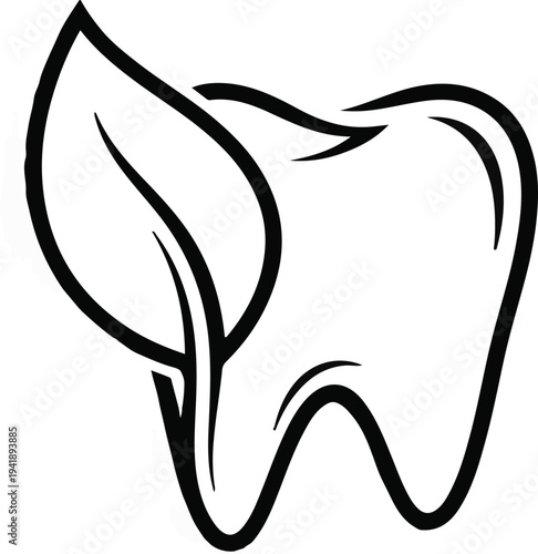 A black and white outline of a tooth with a leaf