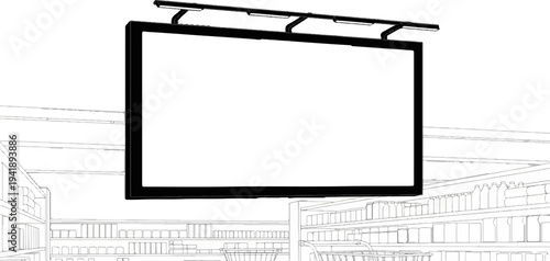 A blank billboard hovers over a supermarket aisle with shelves of products