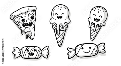 Smiling food items including pizza slice, ice cream and candies are drawn