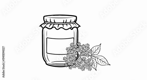 A black and white sketch of a jar of preserve with a sprig of elderflowers beside it